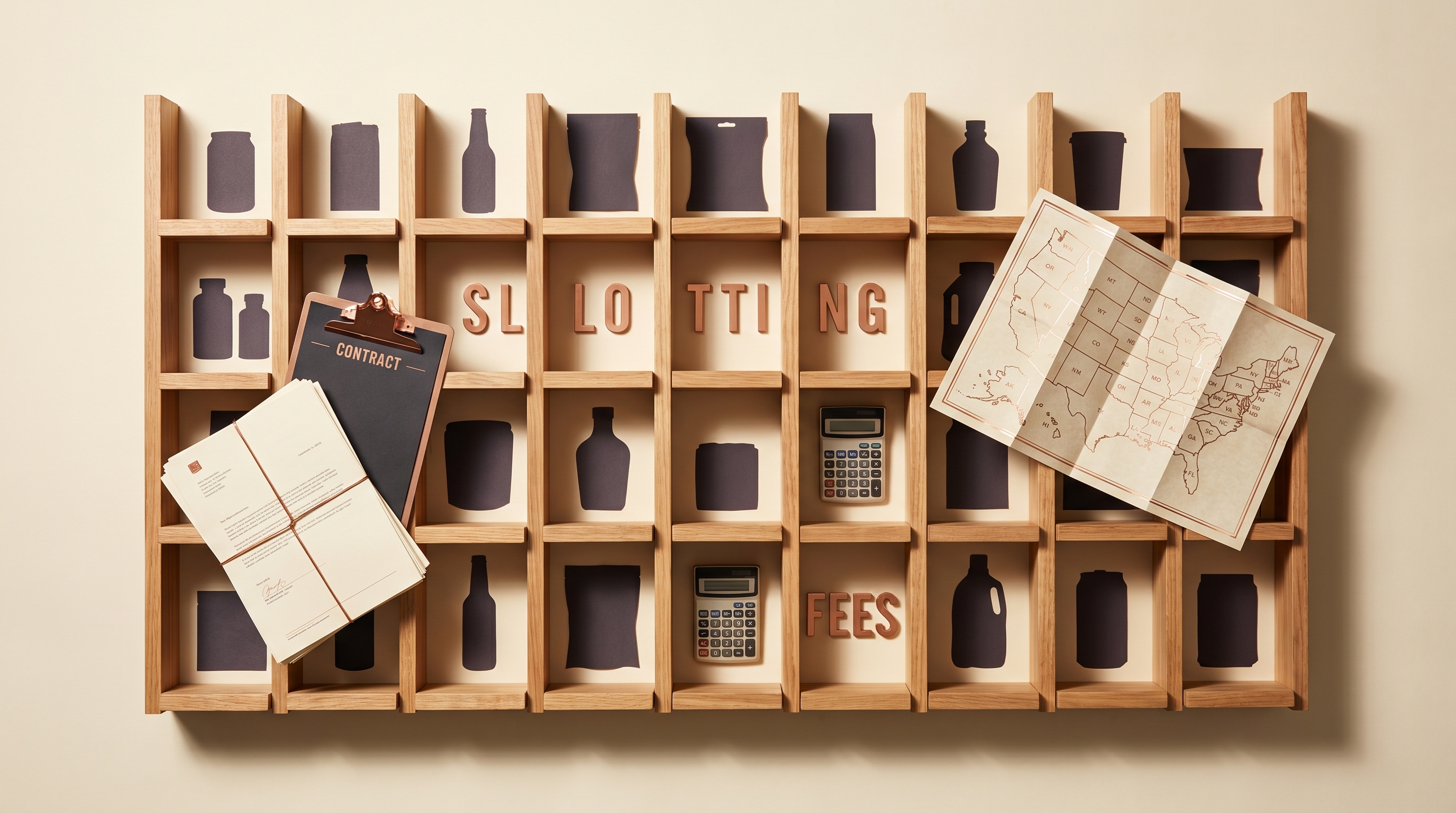 Editorial conceptual still life of a stylized retail shelf grid in wooden cubbies with monochrome product silhouettes, a contract clipboard, and a folded US retail map.